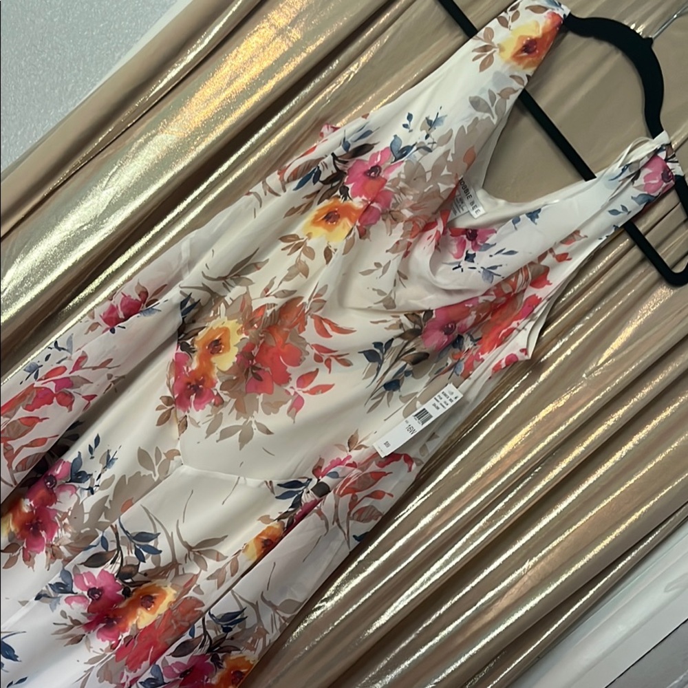 Robbie Bee Floral Sleeveless A-Line Dress in Cream with Pink & Yellow Blooms